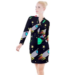 Planet Rocket Space Stars Button Long Sleeve Dress by Ravend