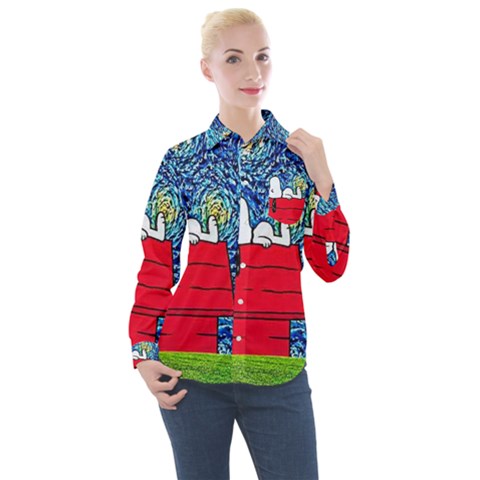 Cartoon Dog Starry Night Van Gogh Parody Women s Long Sleeve Pocket Shirt by Modalart