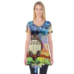 Totoro Starry Night Art Van Gogh Parody Short Sleeve Tunic  by Modalart