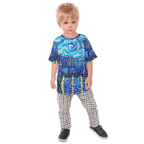 Starry Night Van Gogh Painting Art City Scape Kids  Raglan T-shirt by Modalart
