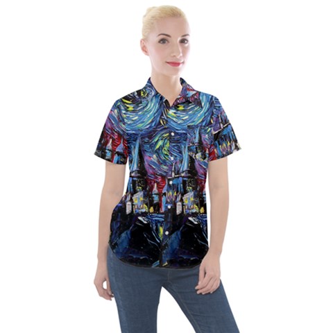 Castle Hogwarts Starry Night Print Van Gogh Parody Women s Short Sleeve Pocket Shirt by Modalart