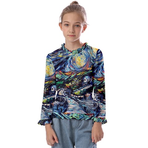 The Great Wall Nature Painting Starry Night Van Gogh Kids  Frill Detail T-shirt by Modalart