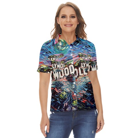 Hollywood Art Starry Night Van Gogh Women s Short Sleeve Double Pocket Shirt by Modalart