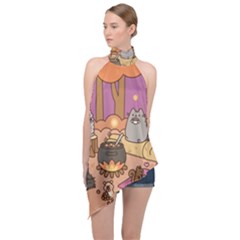 Pusheen Cute Fall The Cat Halter Asymmetric Satin Top by Modalart