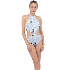 Dog Puzzle Maze Bee Butterfly Halter Side Cut Swimsuit by Modalart