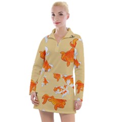 Gold Fish Seamless Pattern Background Women s Long Sleeve Casual Dress by Bedest