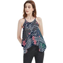 Japanese Wave Koi Illustration Seamless Pattern Flowy Camisole Tank Top by Bedest