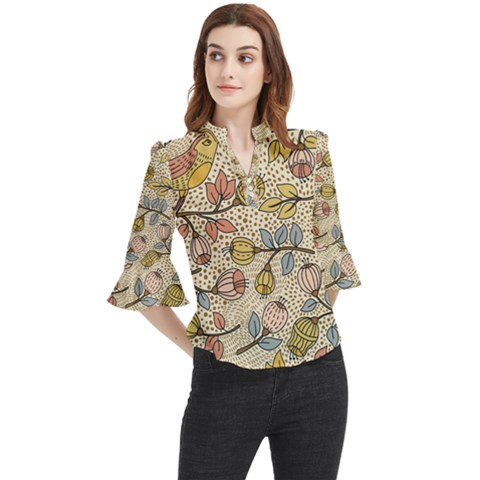 Seamless Pattern With Flower Bird Loose Horn Sleeve Chiffon Blouse by Bedest