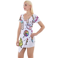 Doodle Cartoon Drawn Cone Food Short Sleeve Asymmetric Mini Dress by Hannah976