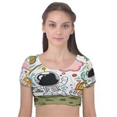 Sketch Cute Child Funny Velvet Short Sleeve Crop Top  by Hannah976