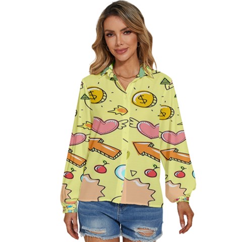 Cute Sketch Child Graphic Funny Women s Long Sleeve Button Up Shirt by Hannah976
