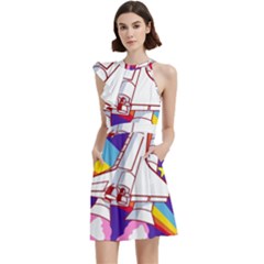 Badge Patch Pink Rainbow Rocket Cocktail Party Halter Sleeveless Dress With Pockets by Sarkoni
