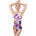Badge Patch Pink Rainbow Rocket Cross Front Low Back Swimsuit View1