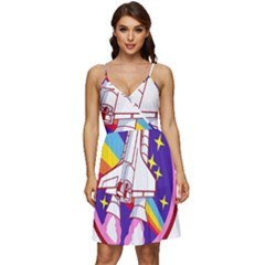 Badge Patch Pink Rainbow Rocket V-neck Pocket Summer Dress  by Sarkoni