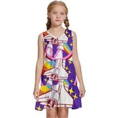 Badge Patch Pink Rainbow Rocket Kids  Sleeveless Tiered Mini Dress by Sarkoni