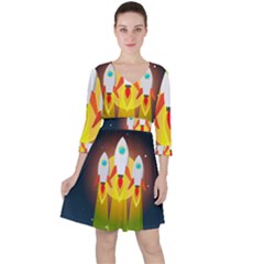 Rocket Take Off Missiles Cosmos Quarter Sleeve Ruffle Waist Dress by Sarkoni