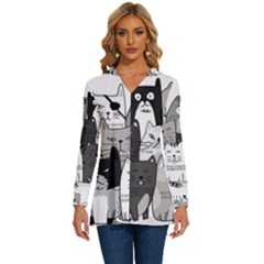 Cute Cat Hand Drawn Cartoon Style Long Sleeve Drawstring Hooded Top by Grandong