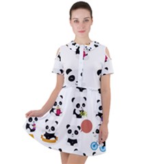 Playing Pandas Cartoons Short Sleeve Shoulder Cut Out Dress  by Apen