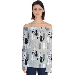 Cute Cat Seamless Pattern Off Shoulder Long Sleeve Top by Apen