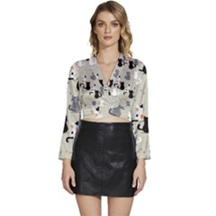 Cute Cat Seamless Pattern Long Sleeve Tie Back Satin Wrap Top by Apen