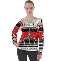 Perfect American Vintage Classic Car Signage Retro Style Off Shoulder Long Sleeve Velour Top by Sarkoni