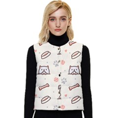 Pug Dog Cat With Bone Fish Bones Paw Prints Ball Seamless Pattern Vector Background Women s Button Up Puffer Vest by Bedest