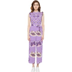 Cute Colorful Cat Kitten With Paw Yarn Ball Seamless Pattern Women s Frill Top Chiffon Jumpsuit by Bedest