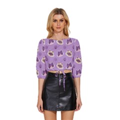 Cute Colorful Cat Kitten With Paw Yarn Ball Seamless Pattern Mid Sleeve Drawstring Hem Top by Bedest