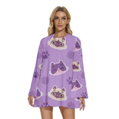 Cute Colorful Cat Kitten With Paw Yarn Ball Seamless Pattern Round Neck Long Sleeve Bohemian Style Chiffon Mini Dress by Bedest