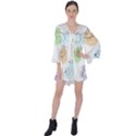 Cartoon Bird Cute Doodle Bird V-Neck Flare Sleeve Mini Dress View1