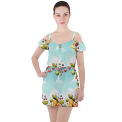 Fruits Sweet Papaya Orange Pattern Ruffle Cut Out Chiffon Playsuit by Ravend