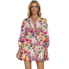 Fruits Apple Strawberry Raspberry V-neck Placket Mini Dress by Ravend