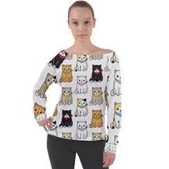 Cat Kitten Seamless Pattern Off Shoulder Long Sleeve Velour Top by Grandong