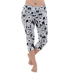 Seamless Pattern With Black White Doodle Dogs Lightweight Velour Capri Yoga Leggings by Grandong