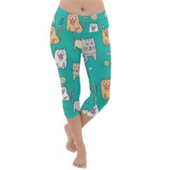 Seamless Pattern Cute Cat Cartoon With Hand Drawn Style Lightweight Velour Capri Yoga Leggings by Grandong