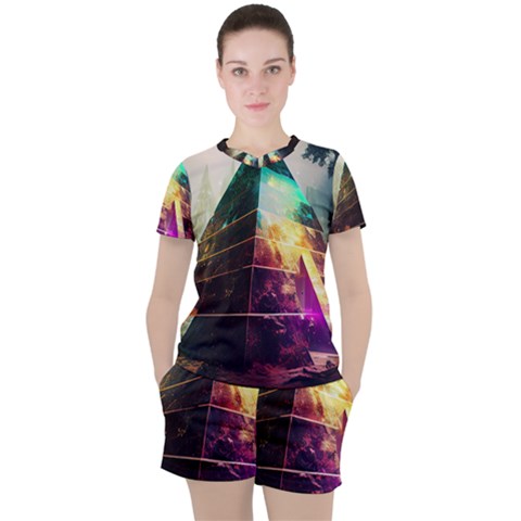 Tropical Forest Jungle Ar Colorful Midjourney Spectrum Trippy Psychedelic Nature Trees Pyramid Women s T-shirt And Shorts Set by Sarkoni