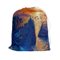 Digital Art Fantasy Impressionism Painting Ship Boat Psychedelic Peacock Mushroom Flamingos Hipwreck Drawstring Pouch (2xl) by Sarkoni