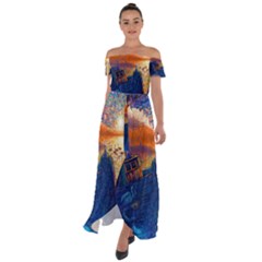 Digital Art Fantasy Impressionism Painting Ship Boat Psychedelic Peacock Mushroom Flamingos Hipwreck Off Shoulder Open Front Chiffon Dress by Sarkoni