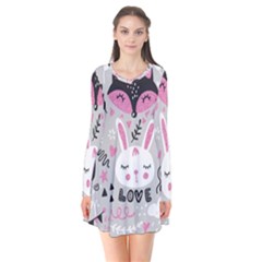 Big Set With Cute Cartoon Animals Bear Panda Bunny Penguin Cat Fox Long Sleeve V-neck Flare Dress by Bedest