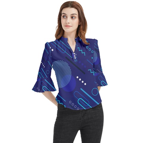 Classic Blue Background Abstract Style Loose Horn Sleeve Chiffon Blouse by Bedest