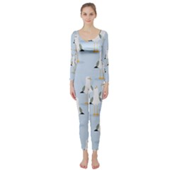 Cute Seagulls Seamless Pattern Light Blue Background Long Sleeve Catsuit by Bedest