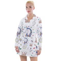 Seamless Pattern Cute Unicorn Cartoon Hand Drawn Women s Long Sleeve Casual Dress by Bedest