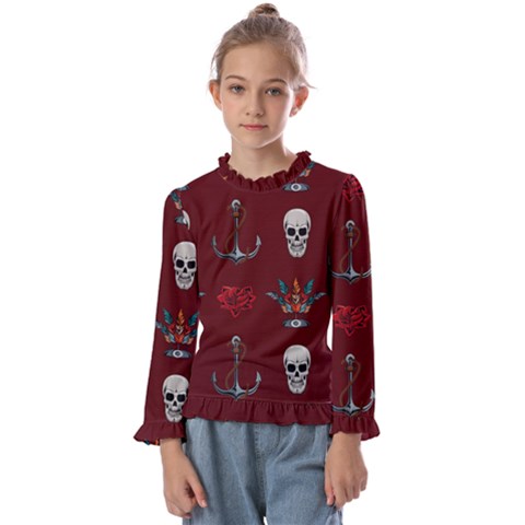 Tattoo Old School Background Pattern Kids  Frill Detail T-shirt by Bedest