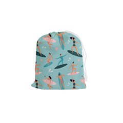 Beach Surfing Surfers With Surfboards Surfer Rides Wave Summer Outdoors Surfboards Seamless Pattern Drawstring Pouch (small) by Bedest