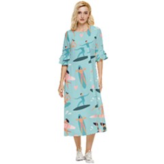 Beach Surfing Surfers With Surfboards Surfer Rides Wave Summer Outdoors Surfboards Seamless Pattern Double Cuff Midi Dress by Bedest