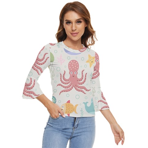 Underwater Seamless Pattern Light Background Funny Bell Sleeve Top by Bedest