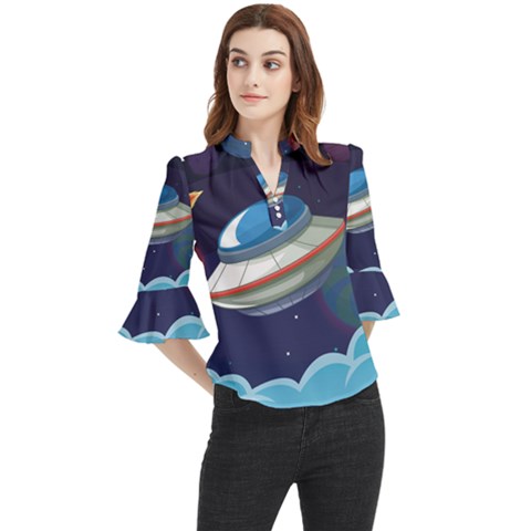 Ufo Alien Spaceship Galaxy Loose Horn Sleeve Chiffon Blouse by Bedest
