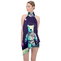 Bear Astronaut Futuristic Halter Asymmetric Satin Top by Bedest