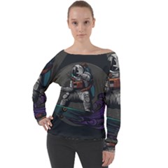 Illustration Astronaut Cosmonaut Paying Skateboard Sport Space With Astronaut Suit Off Shoulder Long Sleeve Velour Top by Ndabl3x