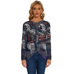 Illustration Astronaut Cosmonaut Paying Skateboard Sport Space With Astronaut Suit Long Sleeve Crew Neck Pullover Top by Ndabl3x